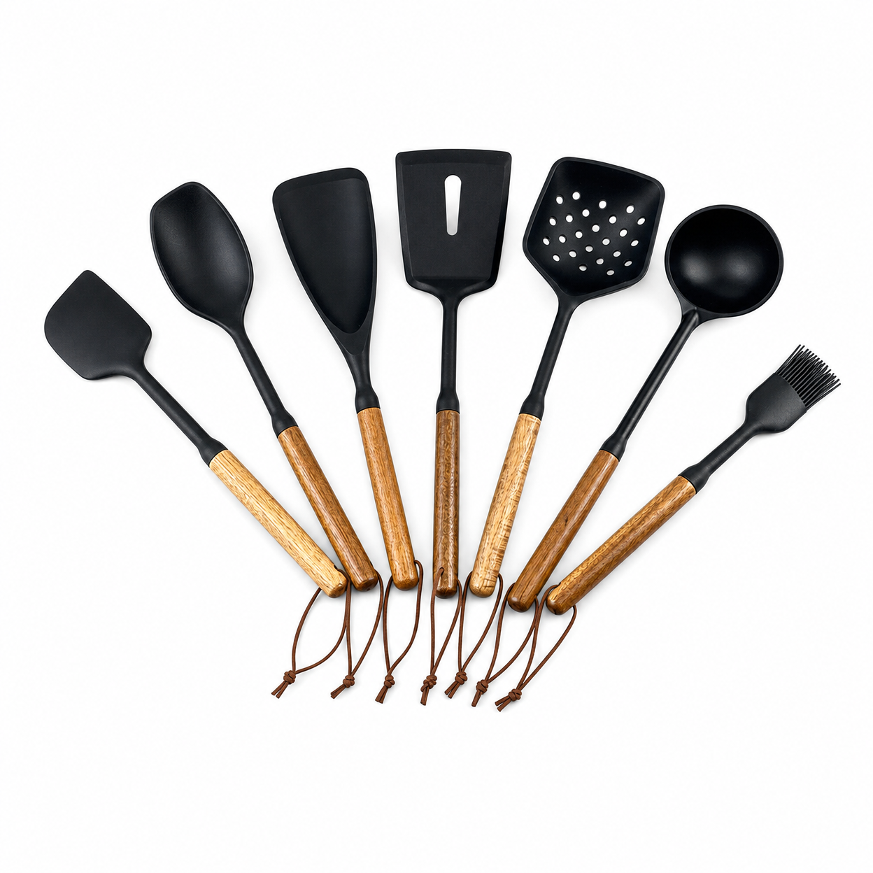 7-Piece Silicone Kitchen Utensil Set with Wooden Handles, Heat-Resistant Cooking Spatula and Soup Spoon