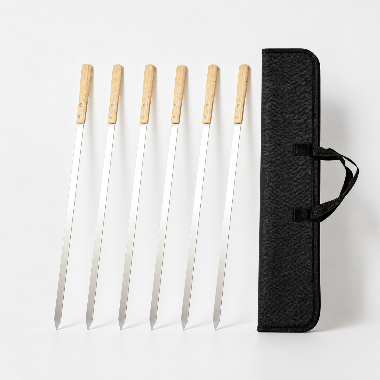 Stainless Steel Barbecue Skewers with Wooden Handles Extended and Widened Outdoor Grilling Tool Set for Beef and Mutton