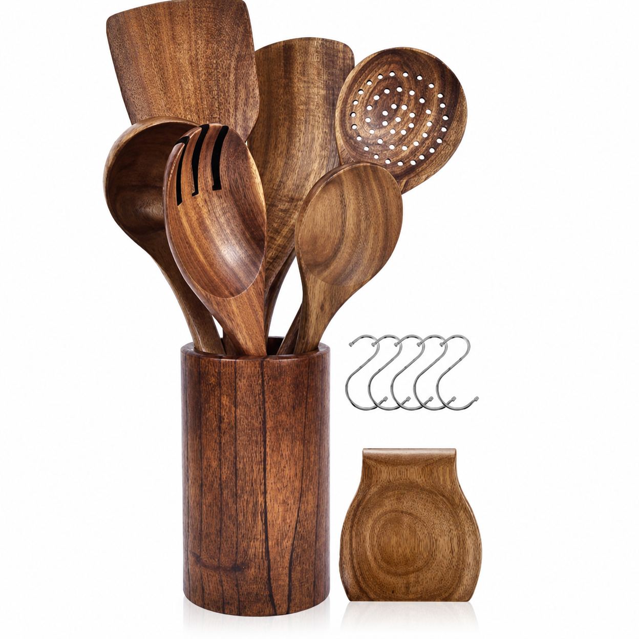 Wooden Kitchen Utensil Set with Spatula, Soup Spoon, Rice Spoon, and Noodle Skimmer